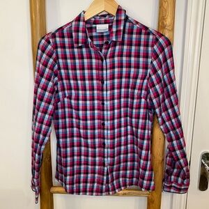 Columbia Plaid Long Sleeve Button Up Shirt Pink Blue Small Gorpcore Fall Outdoor